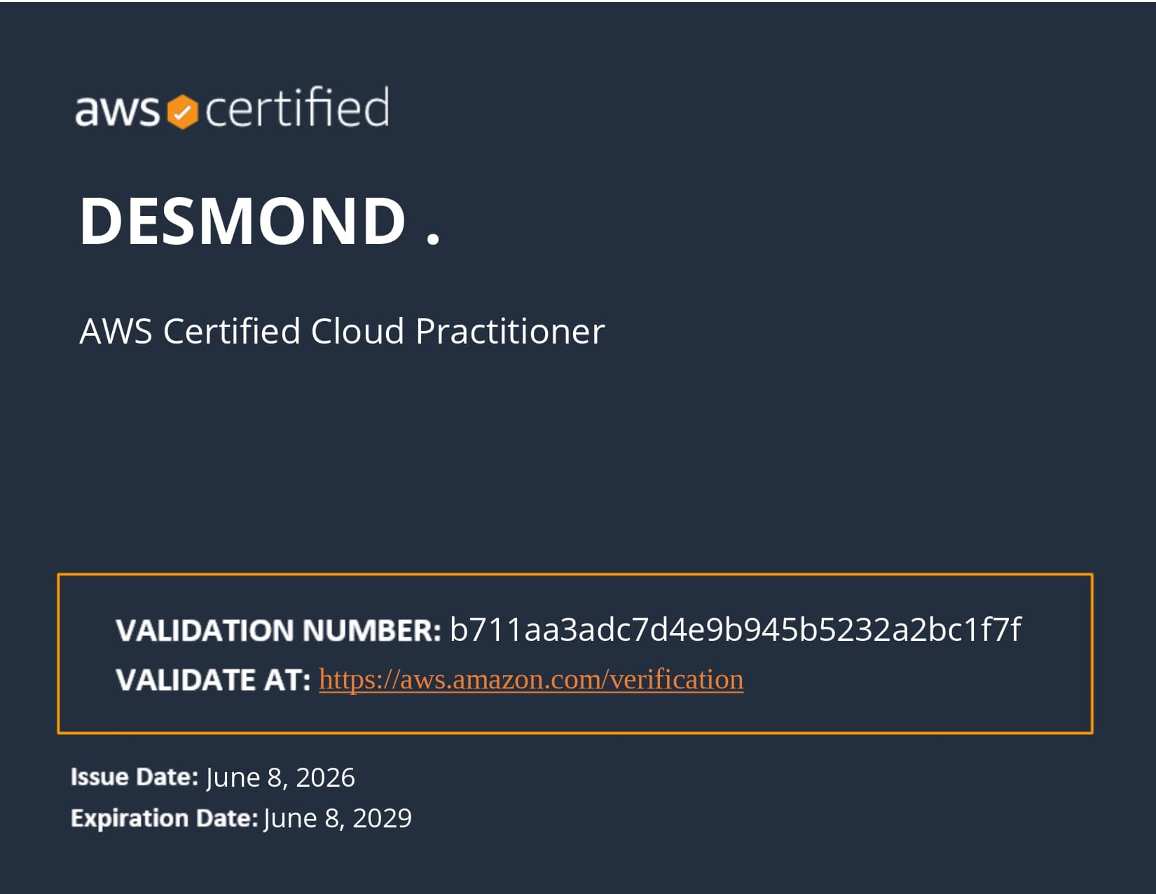 Desmond AWS Certified Cloud Practitioner certificate