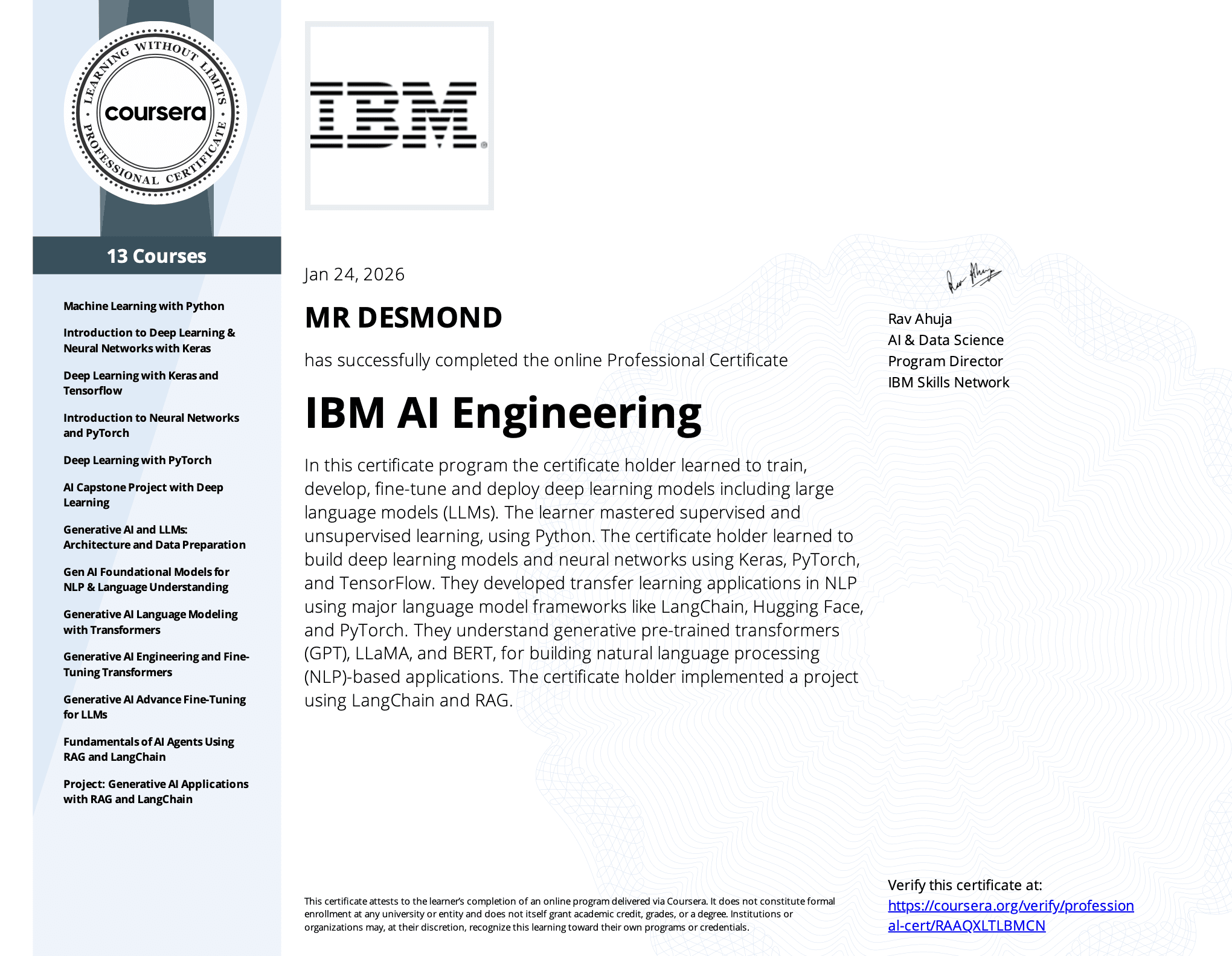 IBM AI Engineering certificate