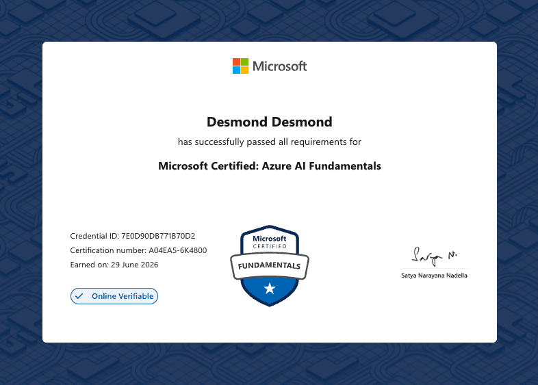 desmond Microsoft Certified: AI-901 Azure AI Fundamentals certificate